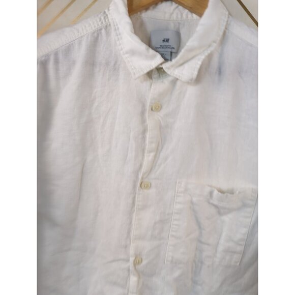 H&M Men's Shirt WHITE Short Sleeve Relaxed Fit Button Up Linen Blend LARGE - Picture 3 of 6